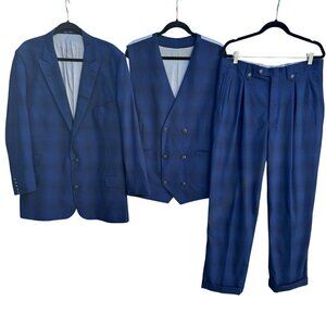 Sergio Valentino Firenze Mens Navy Checkered Wool 3 Piece Suit Vest Pants Set 42